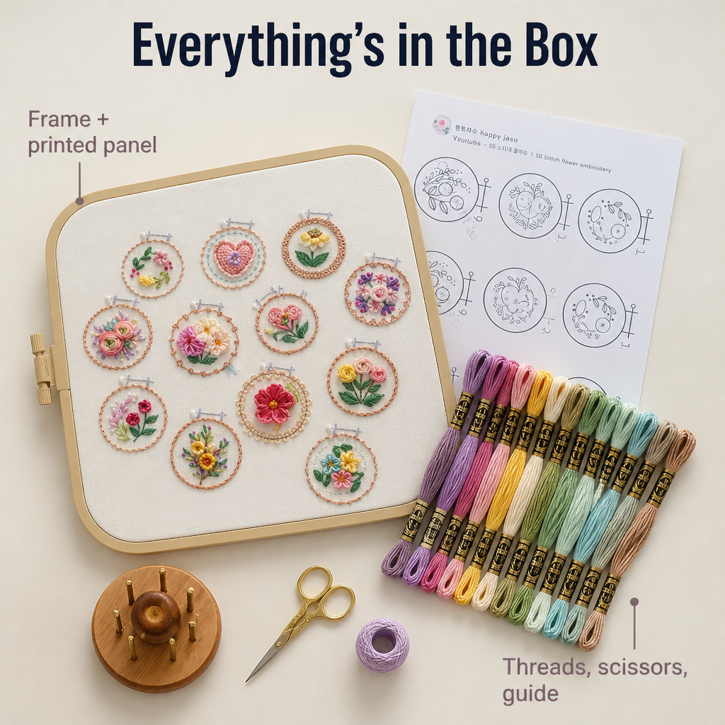 FloraMuse™ — Stitch 12 Mini Florals and Learn 50 Calming Stitches at Home