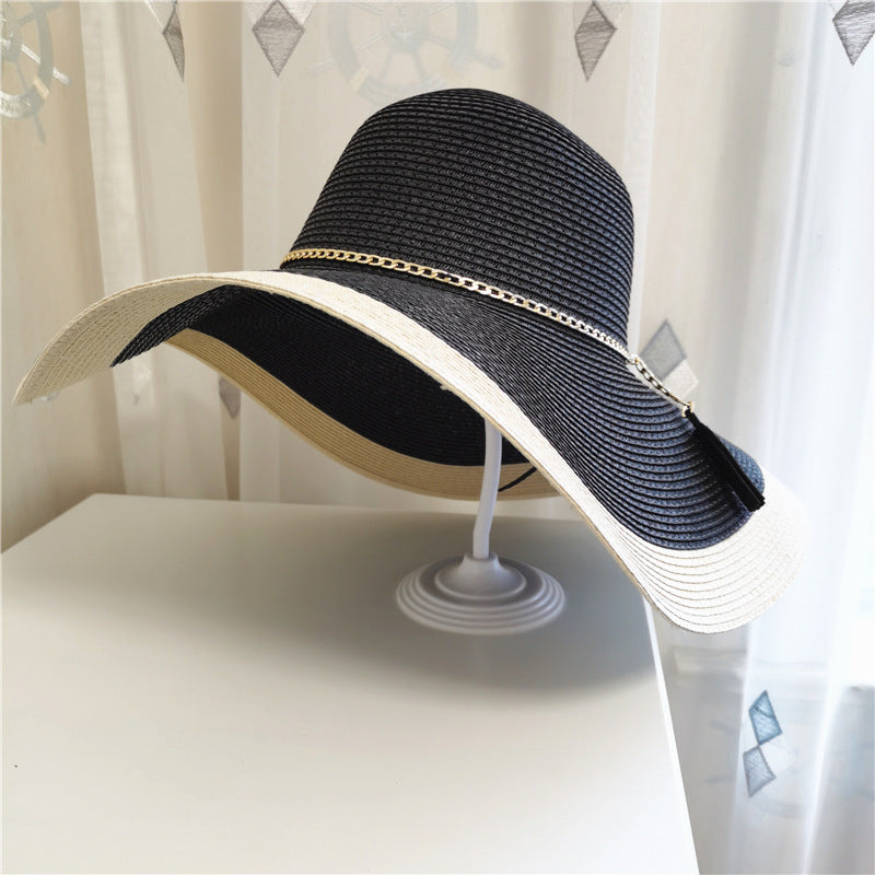 Wide-Brimmed Sun Hat Featuring Gold Chain Accent