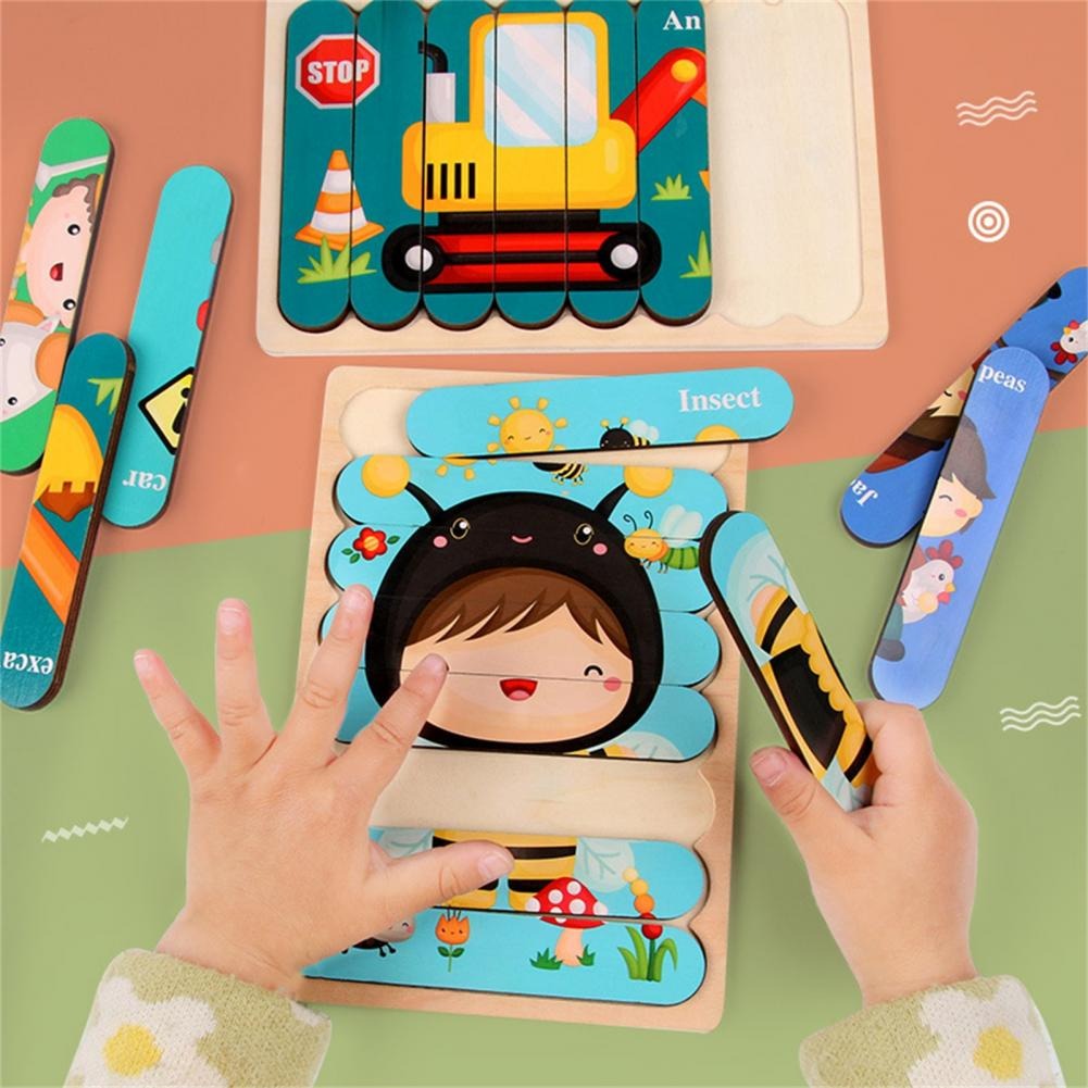 Double-Sided Educational Puzzle Set with Wooden Pegs for Kids