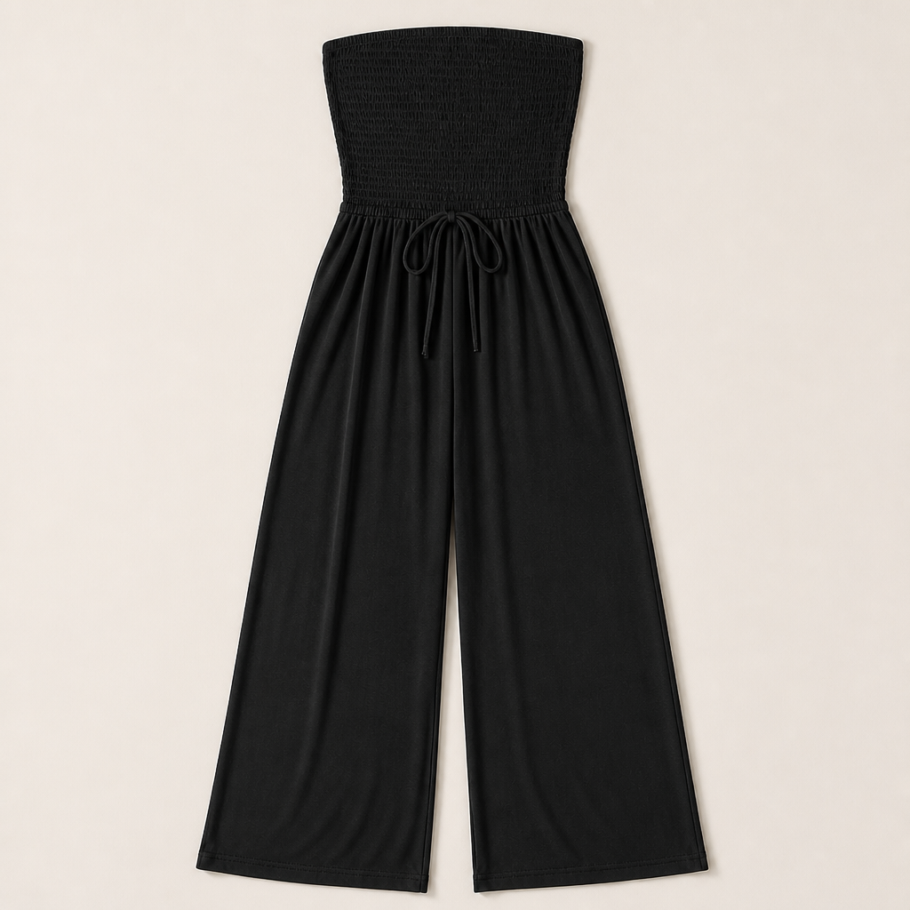 Veloria™ – Strapless Smocked Wide-Leg Jumpsuit with Pockets