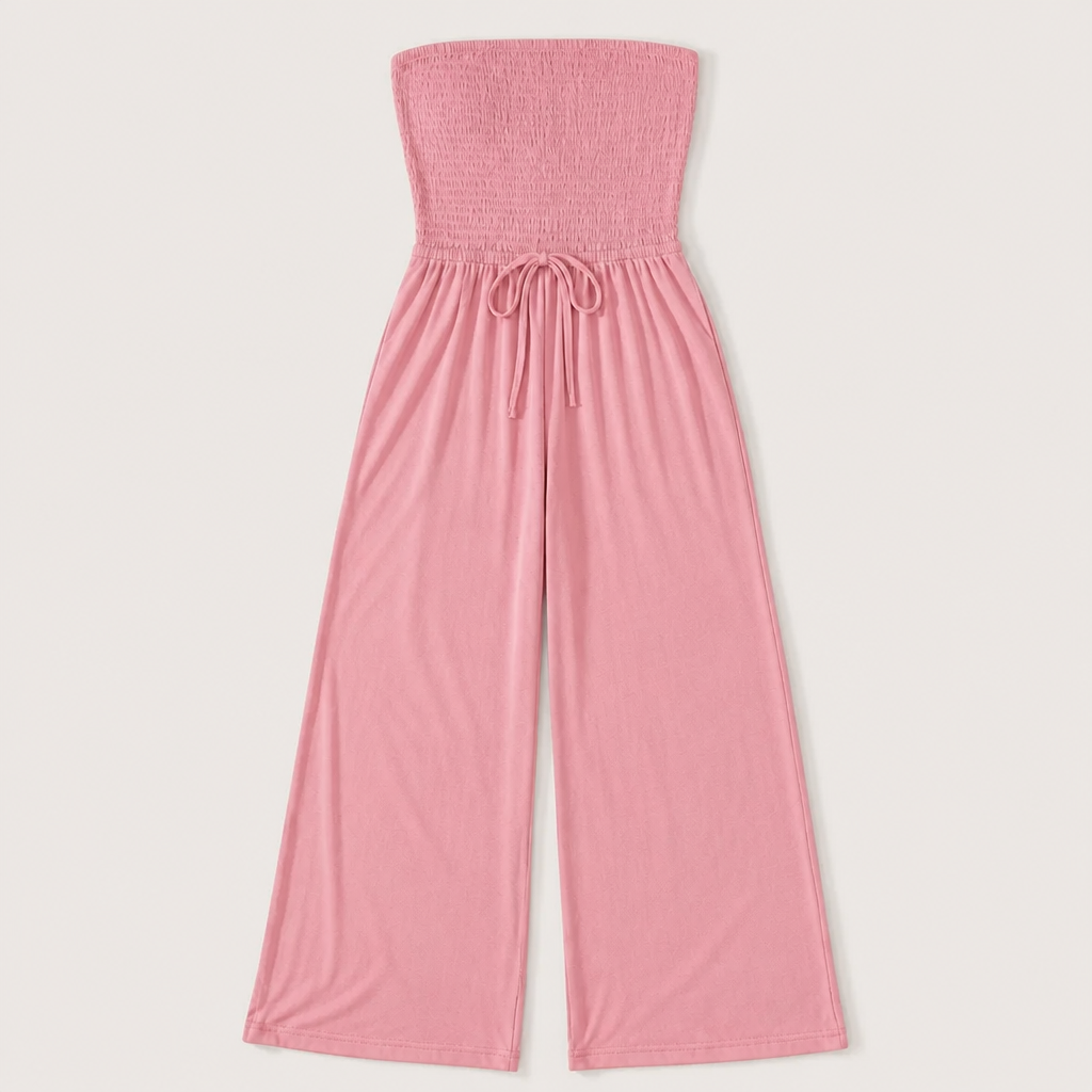Veloria™ – Strapless Smocked Wide-Leg Jumpsuit with Pockets
