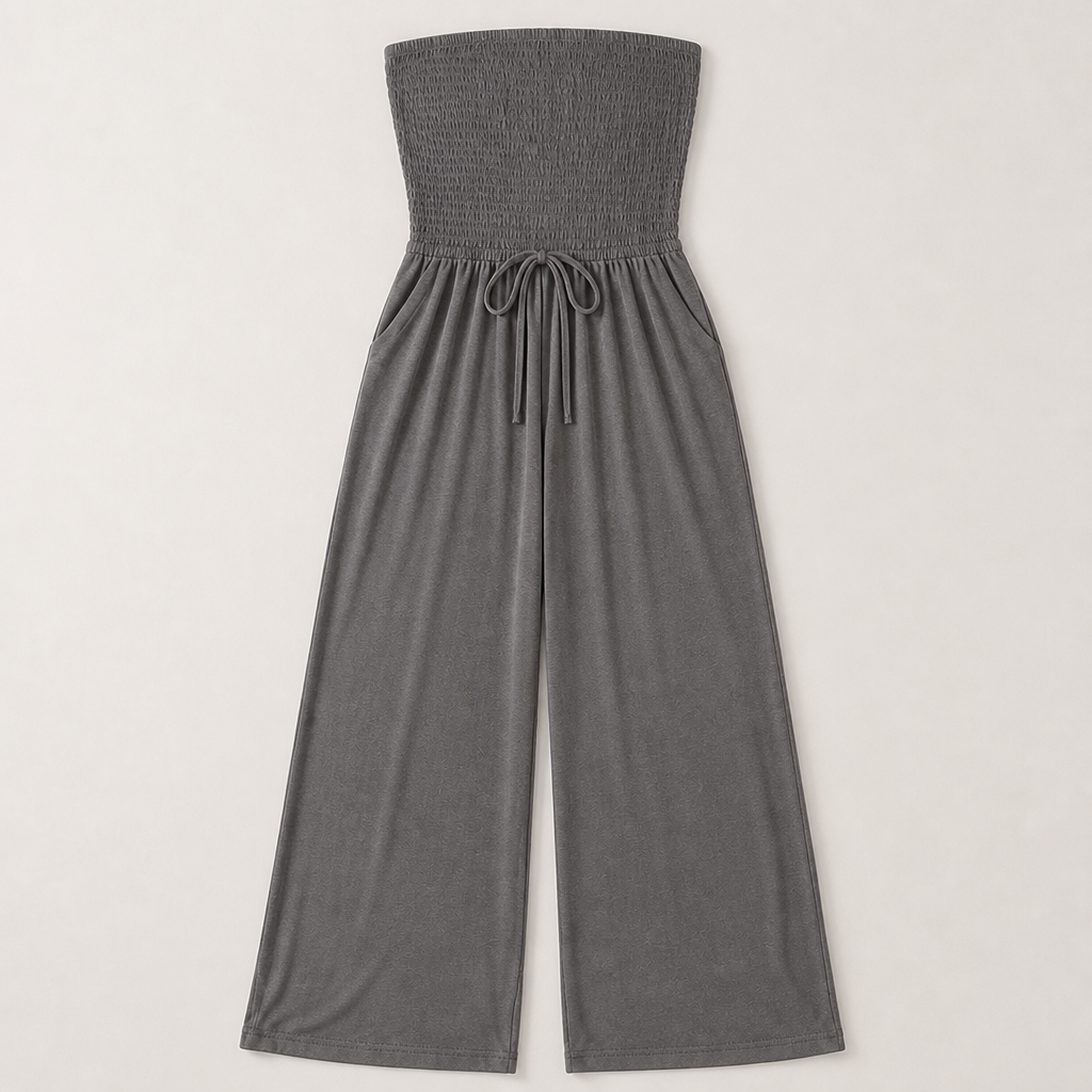 Veloria™ – Strapless Smocked Wide-Leg Jumpsuit with Pockets