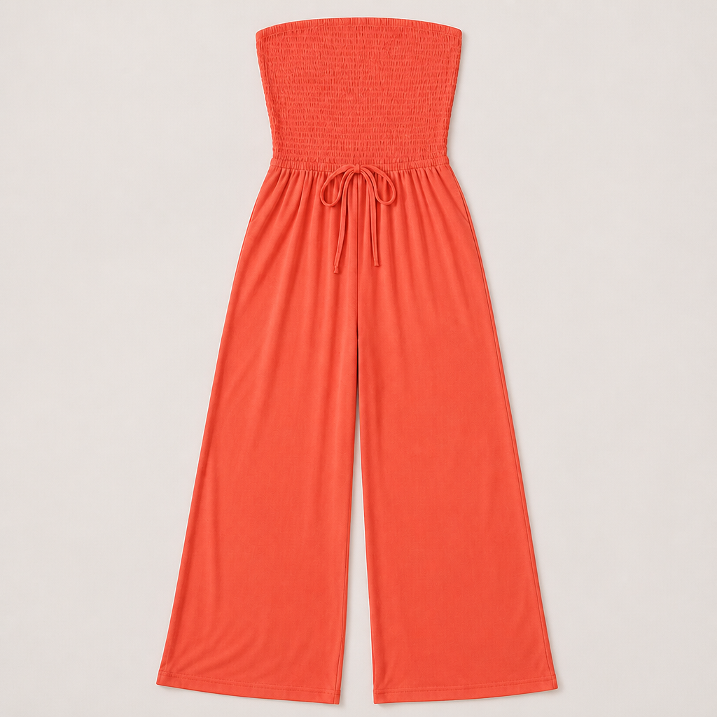 Veloria™ – Strapless Smocked Wide-Leg Jumpsuit with Pockets