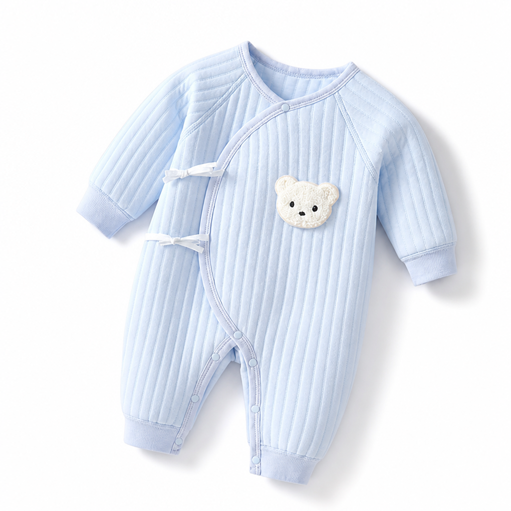 Soft 100% Cotton Press-Stud Baby Romper (Bear Applique)