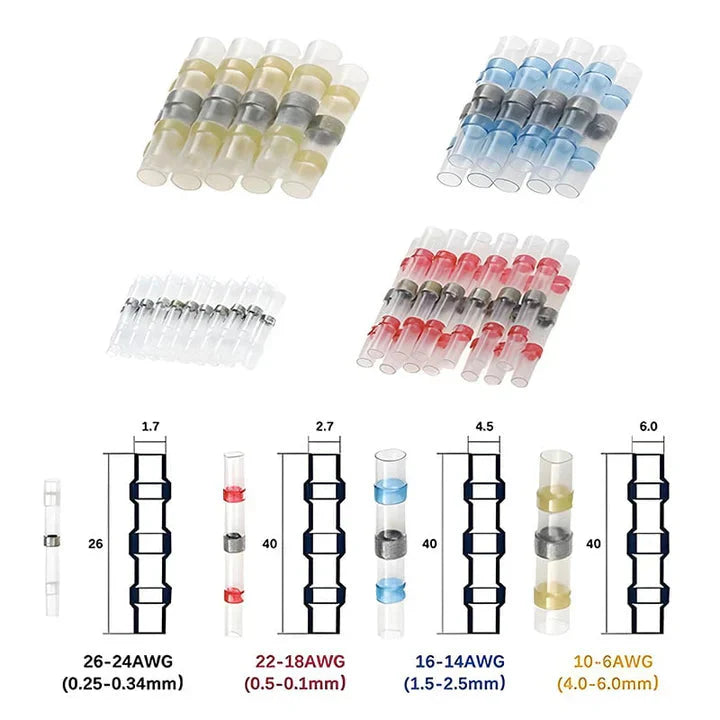 50-Pack Heat Shrink Solder Connectors – Waterproof IP67 | 4 Sizes