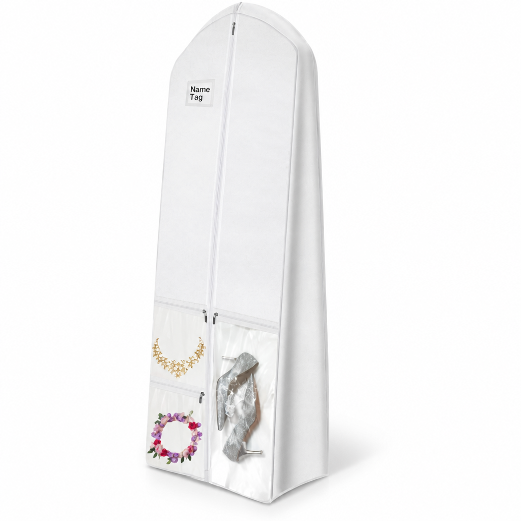 Extra-Large Dustproof Water-Resistant Bridal Gown Bag (3 Clear Zipped Pockets)