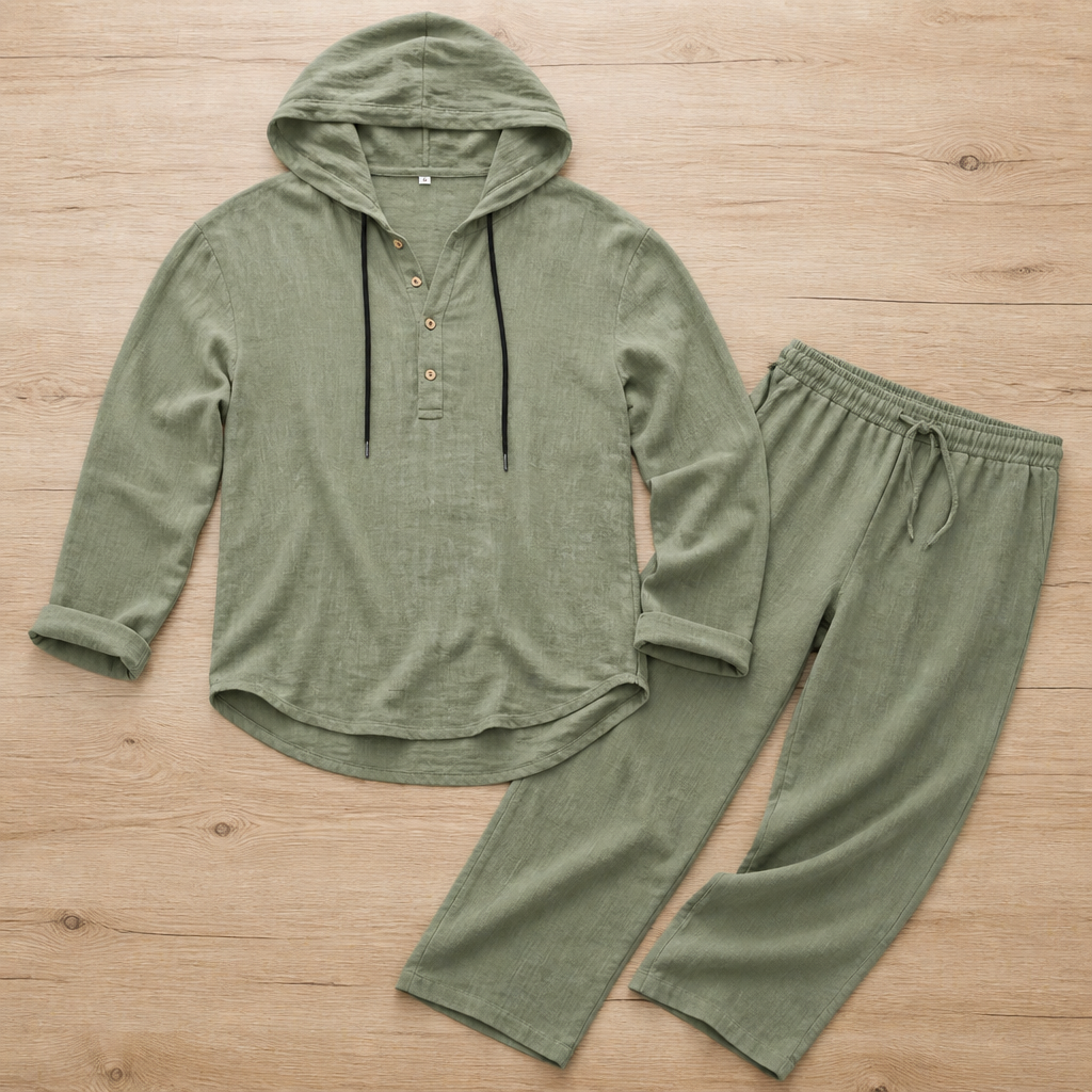 VeloShift™ – Relaxed Linen-Blend Hooded Set with Button Henley Top