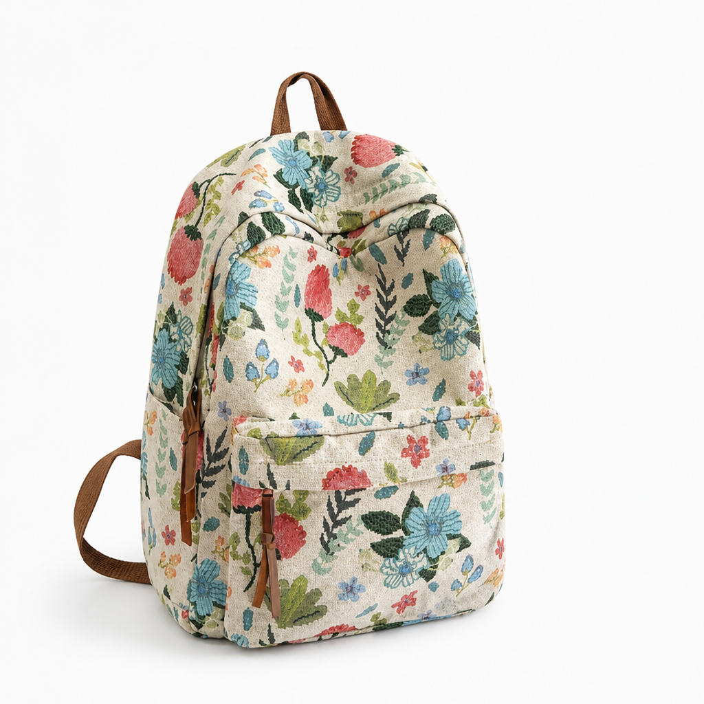 Lightweight Nylon Double-Strap Floral Backpack