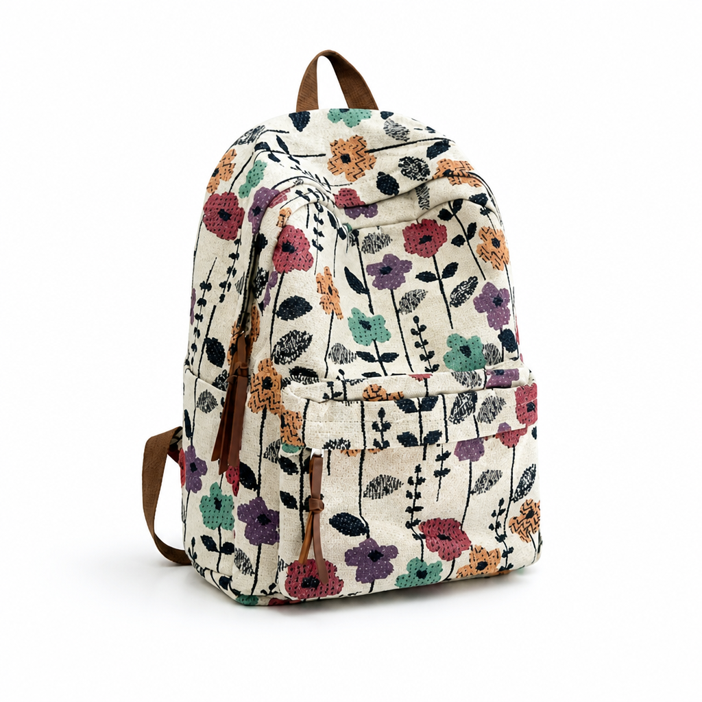 Lightweight Nylon Double-Strap Floral Backpack