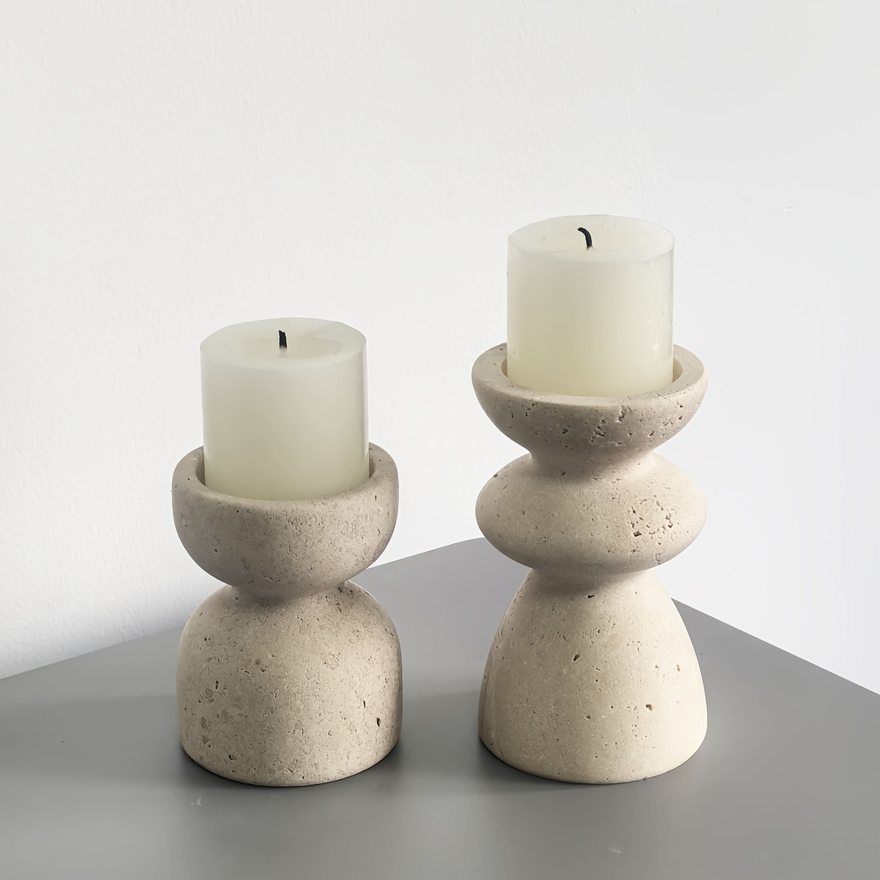 Set of Natural Marble Candle Holders in Travertine Style