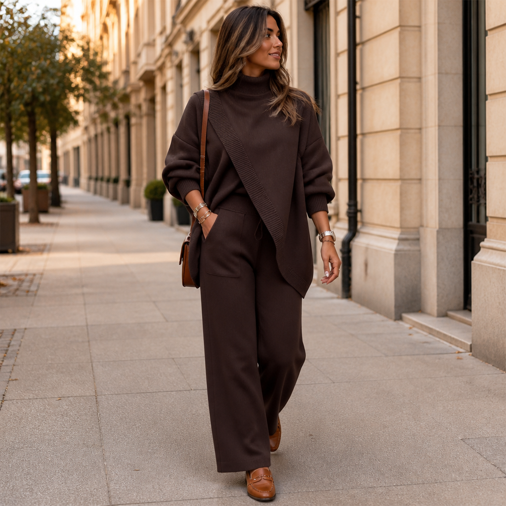 CelestiaKnit™ – Large Asymmetric Knit Ensemble Featuring Wide-Leg Trousers
