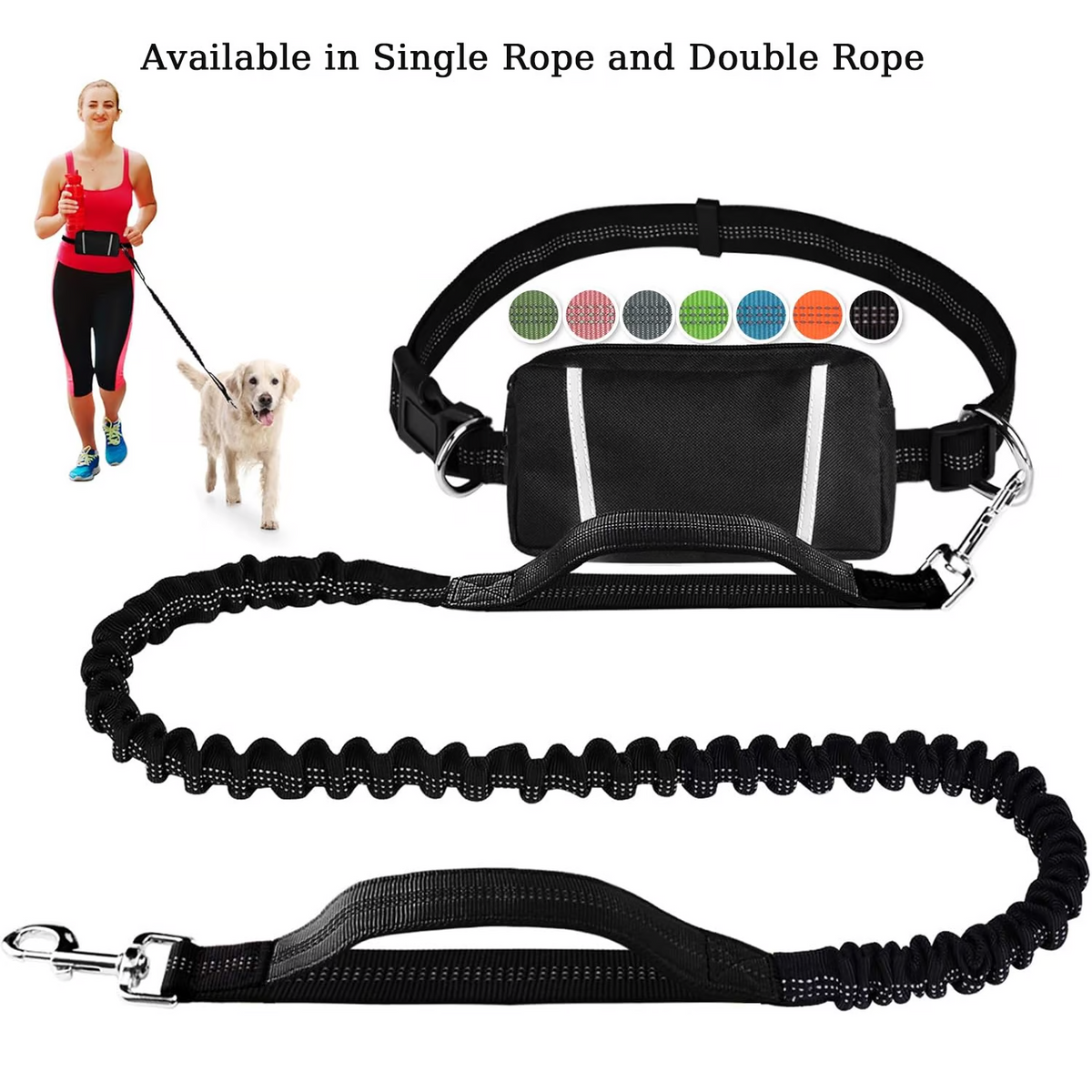 Bungee Dog Leash for Hands-Free Use – Reflective Waist Strap for Running, Hiking, and Walking