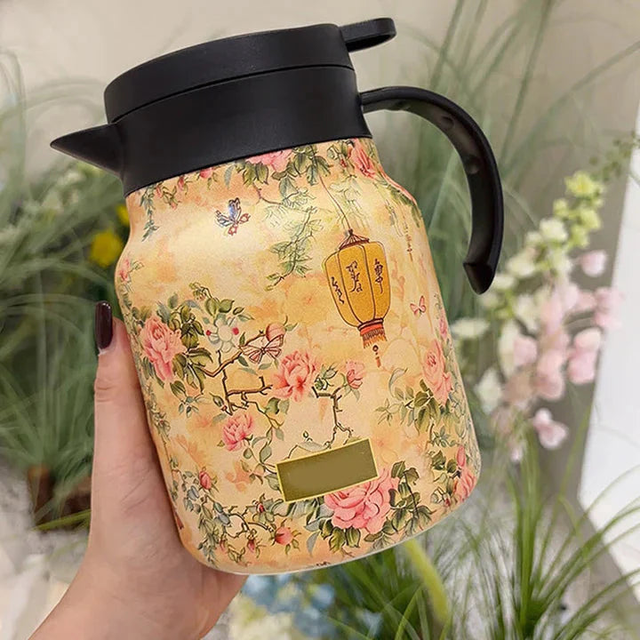 1 L Insulated Jug with Floral Pattern – Stainless Steel, Push-Button Lid