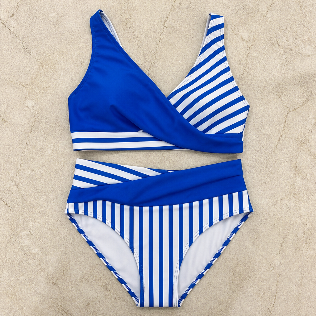 Coastelle™ – High-Waist Crossover Bikini Set with Striped Wrap Top