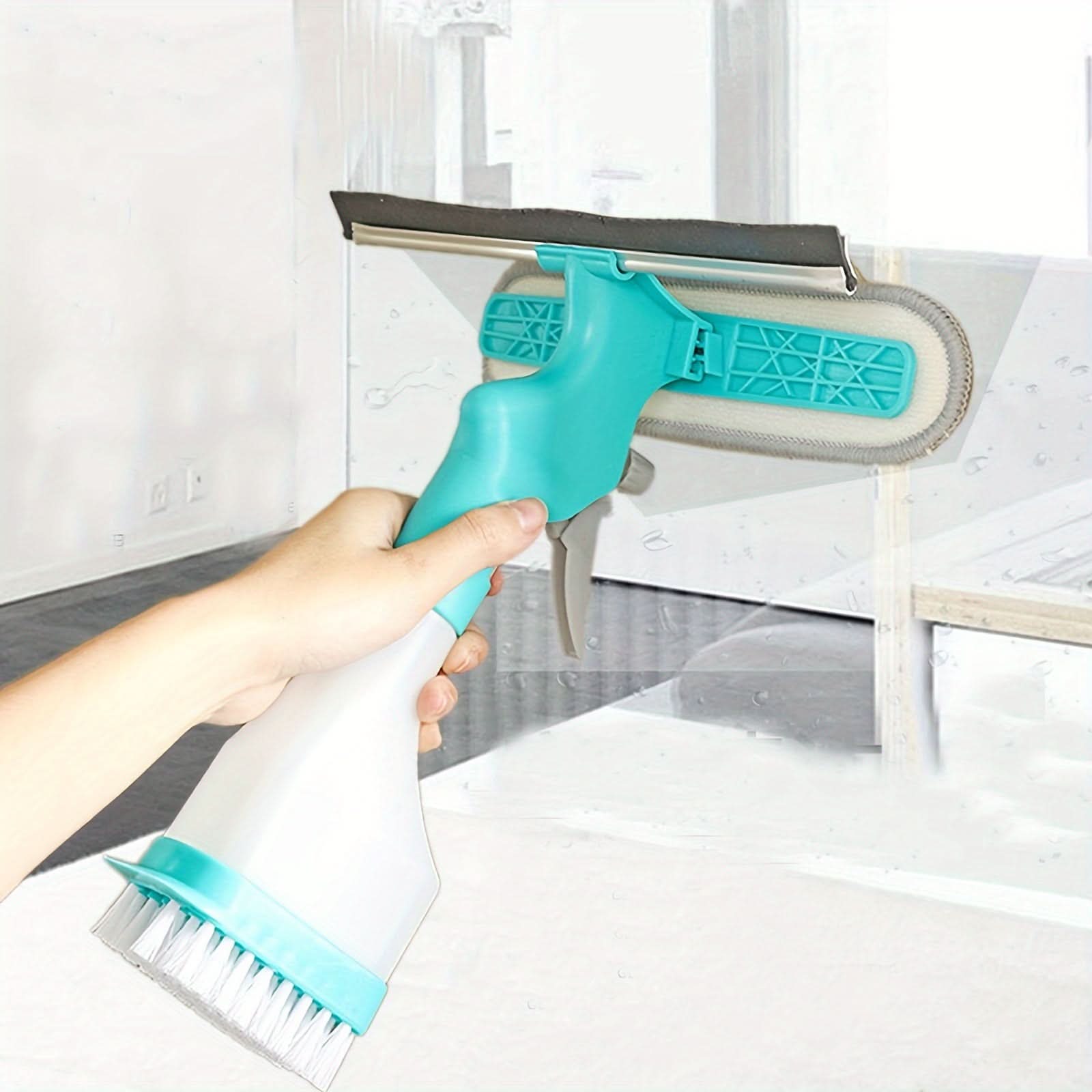 4-in-1 Glass Cleaner Brush with Spray, Scraper, and Scrubbing Tool