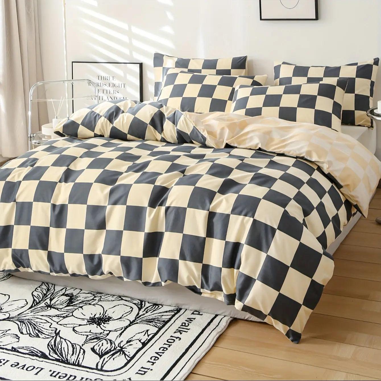 Zipper Closure 3-Piece Checkered Bed Linen Set
