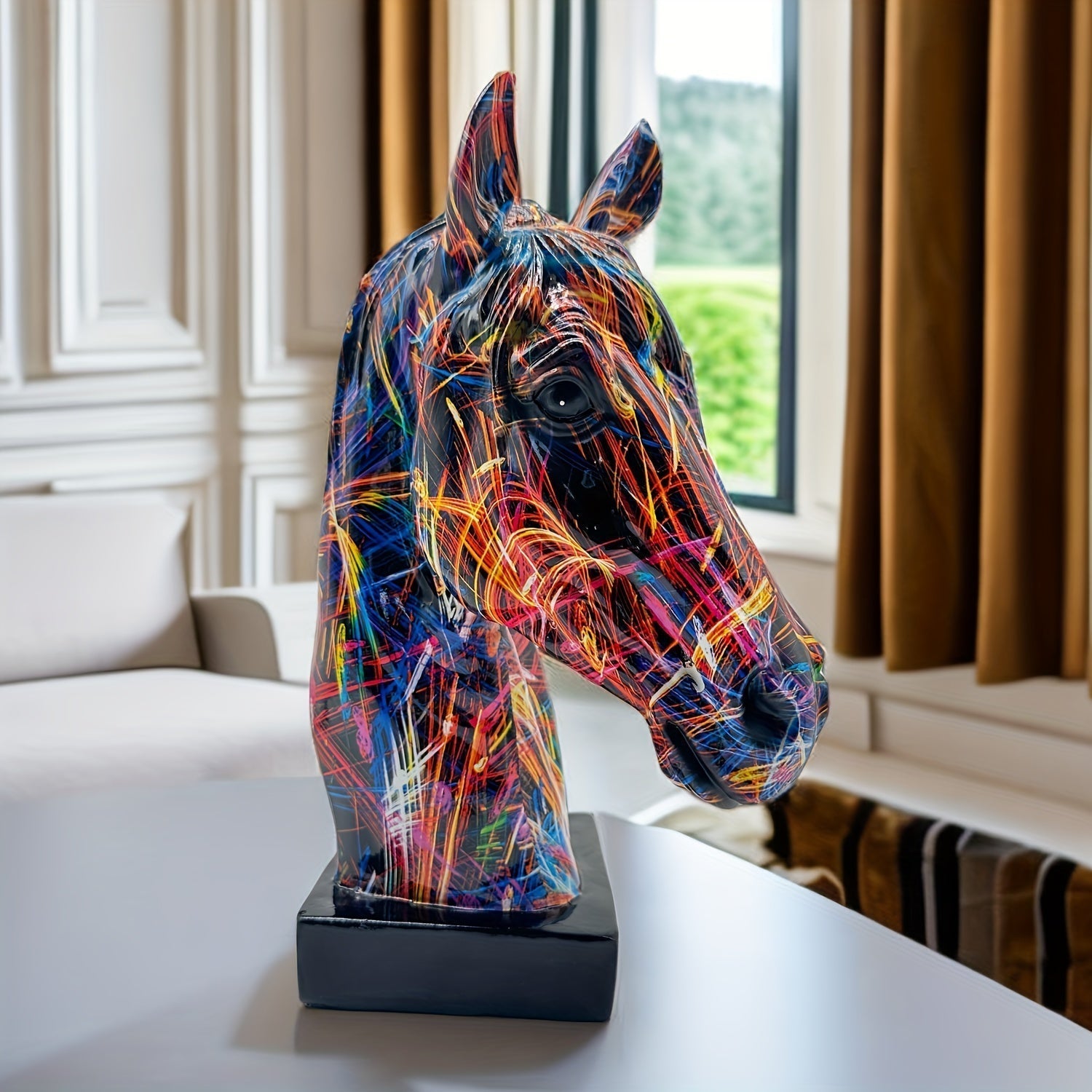 Resin Horse Head Statue Featuring Paint Splatter Artwork