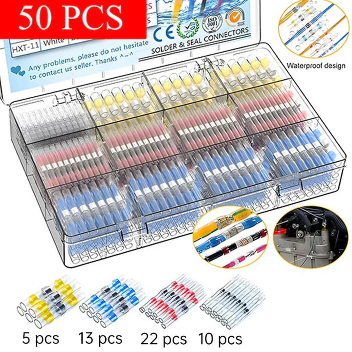 50-Pack Heat Shrink Solder Connectors – Waterproof IP67 | 4 Sizes