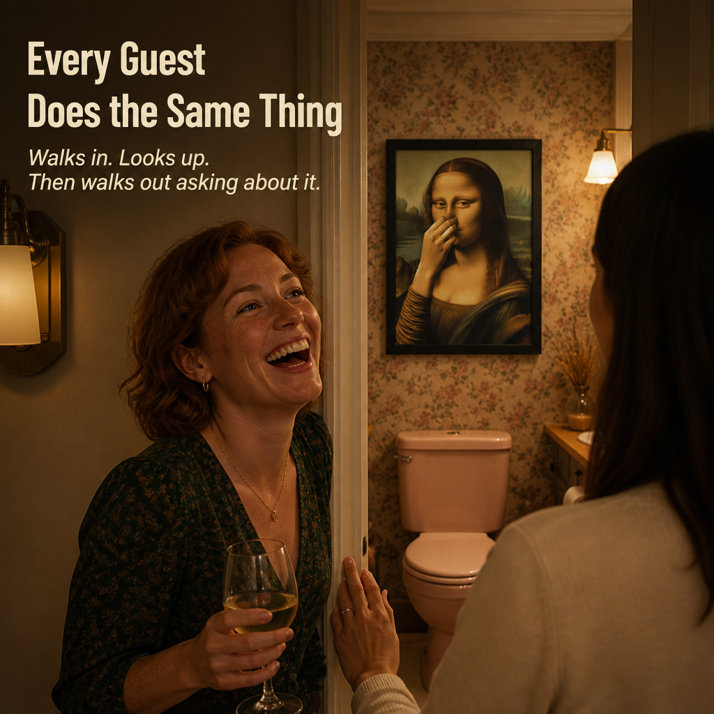 QuirkyCharm™ — Hang Mona Lisa Holding Her Nose Over Your Toilet