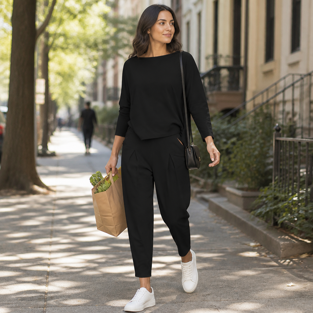 Mirelle™ – Casual Boat-Neck Two-Piece Outfit with Tapered Pleated Trousers