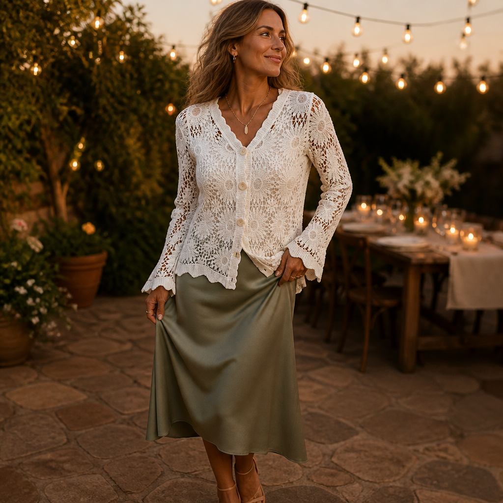 DeloraLace™ – Romantic Crochet Lace Buttoned Top with Scalloped Edge Hem