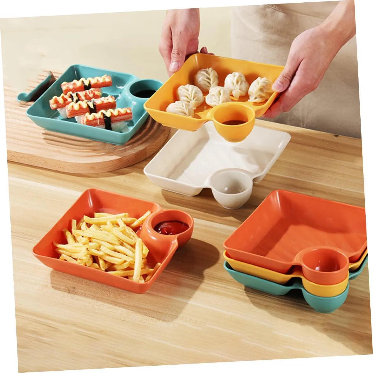 Stackable Snack and Dip Serving Plate with Sauce Bowl - 4 Colors