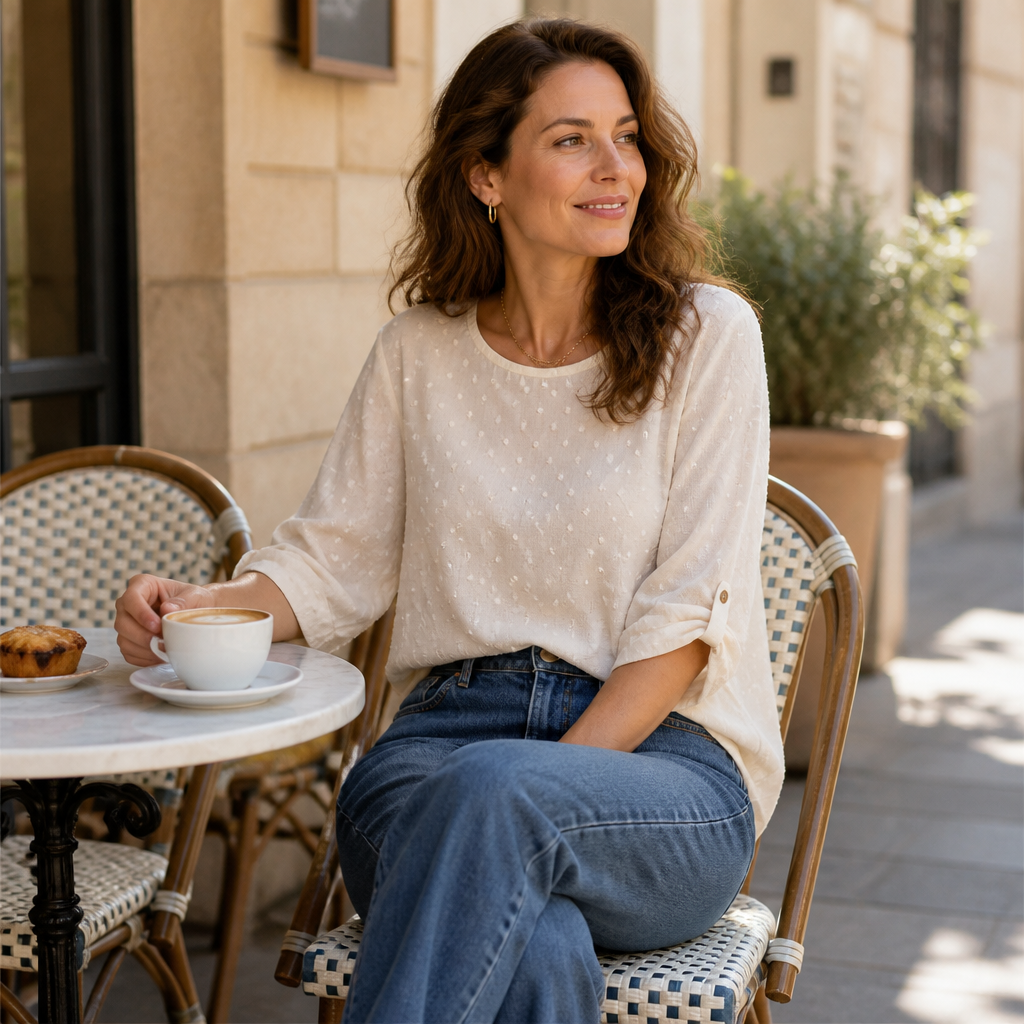 SilkoraWave™ – Laid-Back Swiss-Dot Top Featuring Buttoned Sleeve Tabs