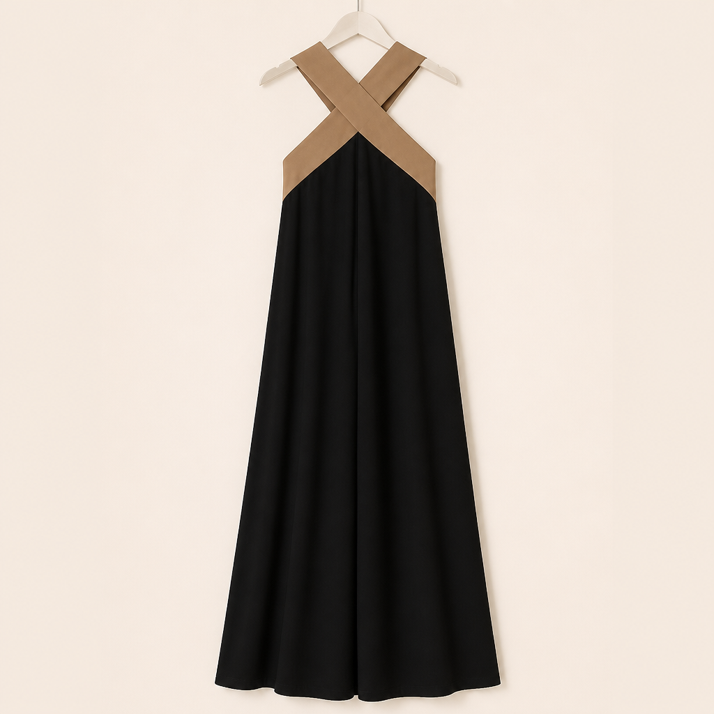 AuralisFlow™ – Flowy Crossover-Halter Color-Block Maxi Dress