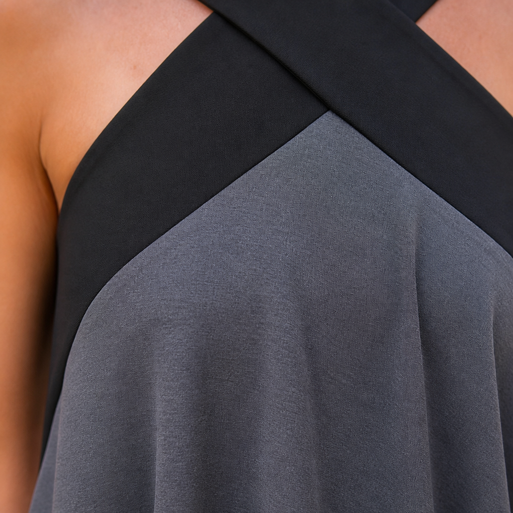 AuralisFlow™ – Flowy Crossover-Halter Color-Block Maxi Dress