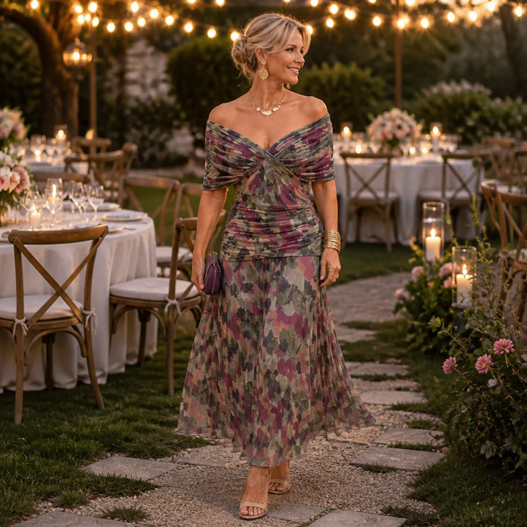 VeloraMist™ – Elegant Off-Shoulder Draped Chiffon Gown with Flowing Mermaid Skirt