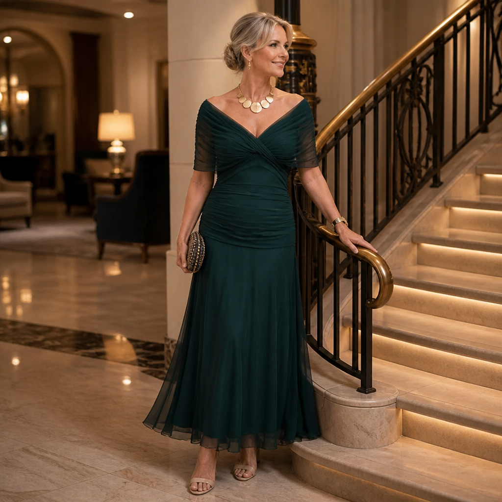 VeloraMist™ – Elegant Off-Shoulder Draped Chiffon Gown with Flowing Mermaid Skirt
