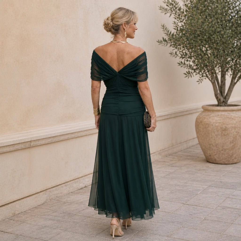 VeloraMist™ – Elegant Off-Shoulder Draped Chiffon Gown with Flowing Mermaid Skirt