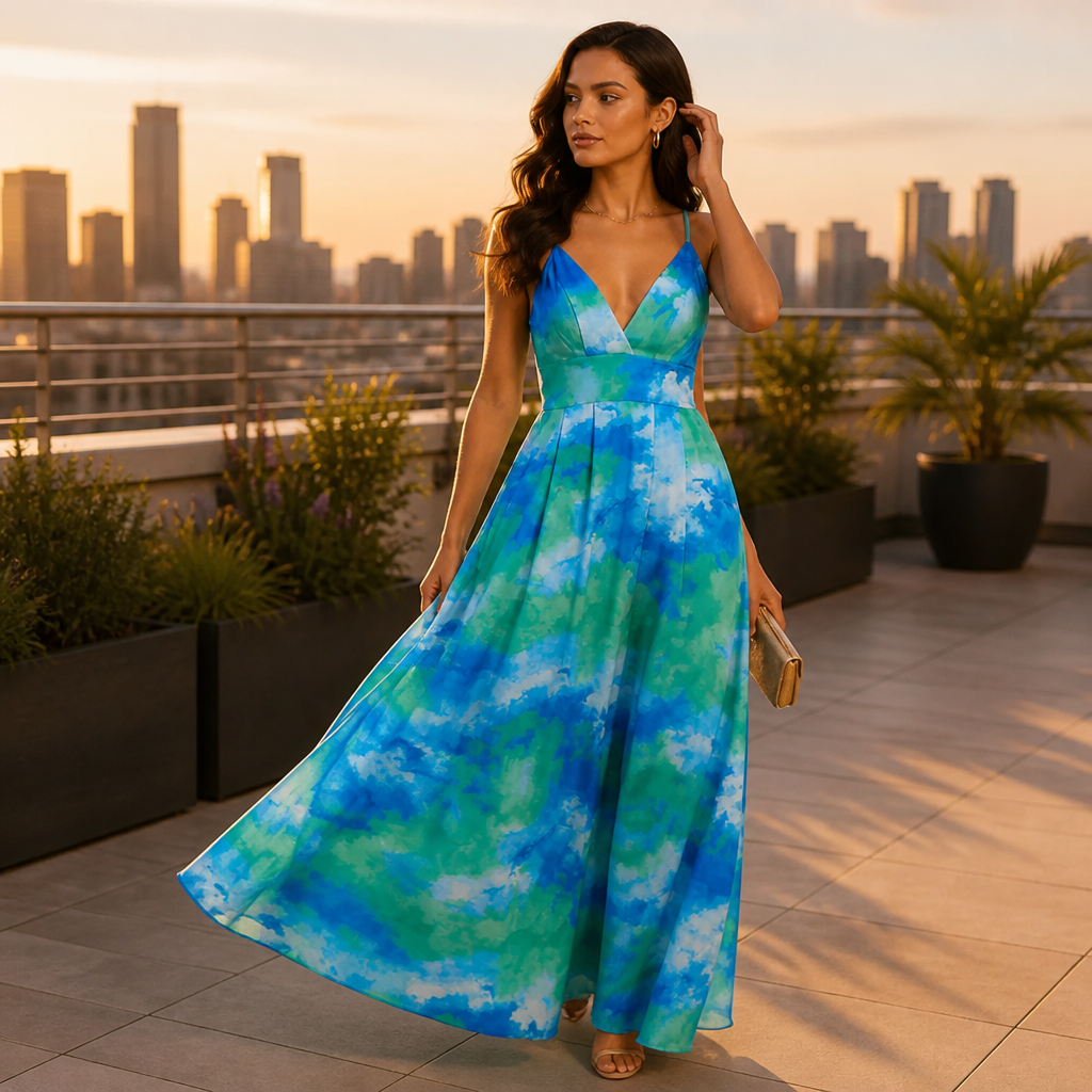 SolaraLuxe™ – Flowy Watercolor V-Neck Maxi Dress with Pockets
