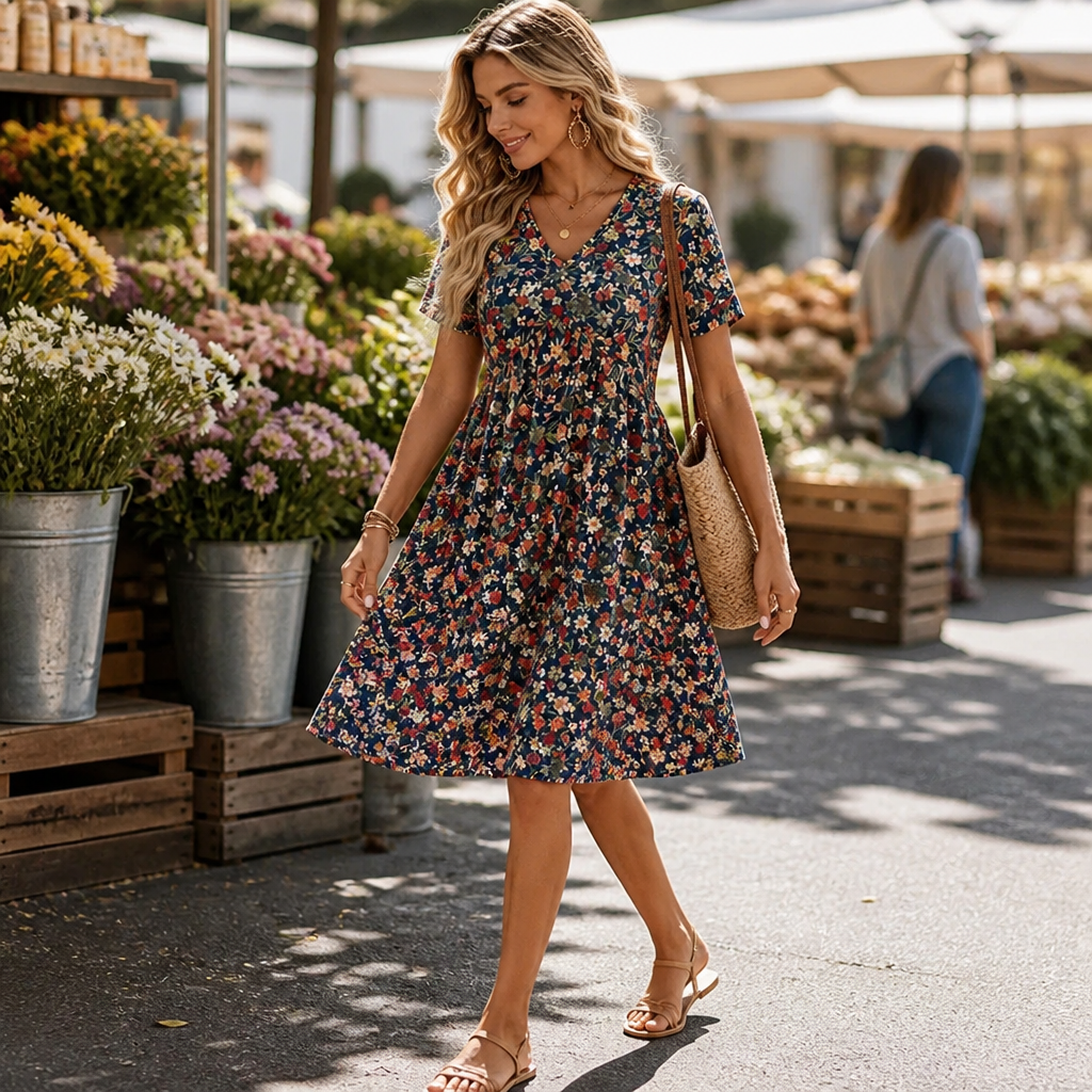 Sunnisara™ – Flowy V-Neck Floral Summer Dress with Pleated Waist