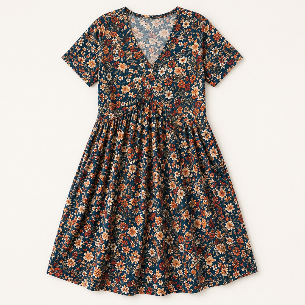 Sunnisara™ – Flowy V-Neck Floral Summer Dress with Pleated Waist