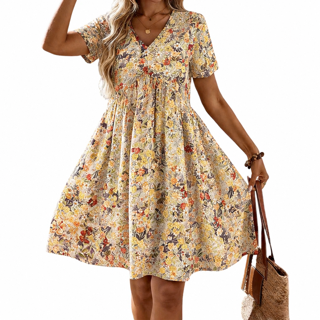 Sunnisara™ – Flowy V-Neck Floral Summer Dress with Pleated Waist