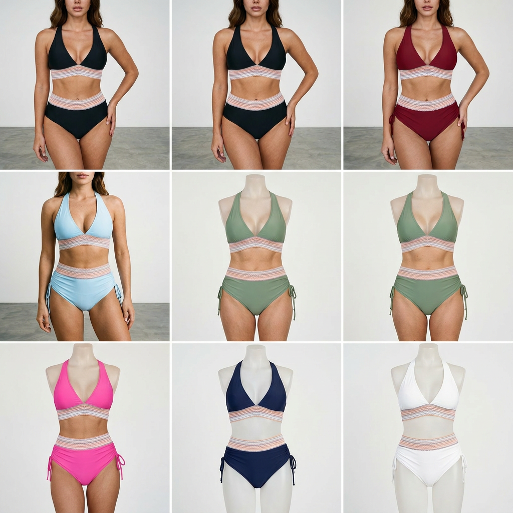 VioraShape™ – High-Waist Shaping Bikini Set with Zigzag Knit Bands
