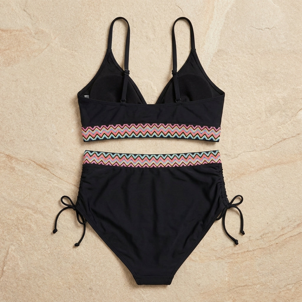 VioraShape™ – High-Waist Shaping Bikini Set with Zigzag Knit Bands