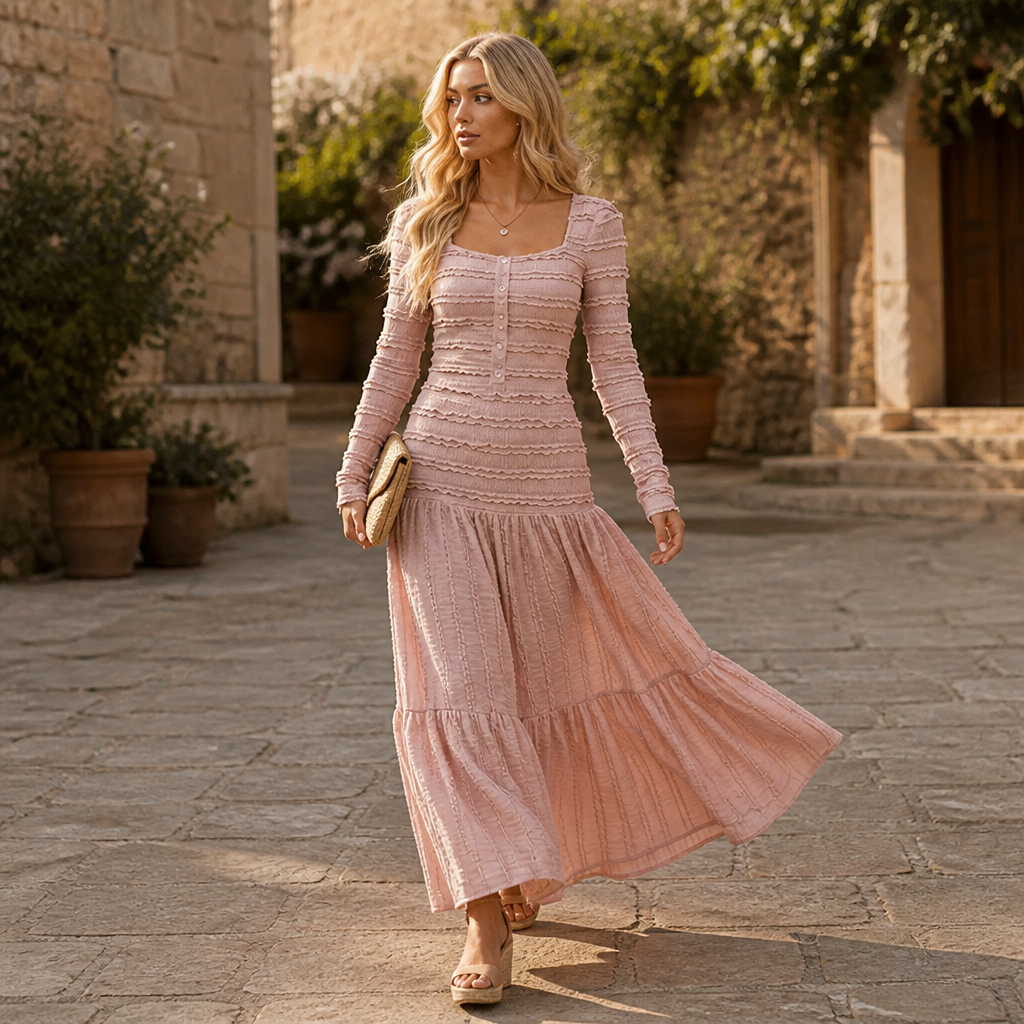 LumiRae™ – Smocked Square-Neck Tiered Maxi Dress with Ruffle Sleeves