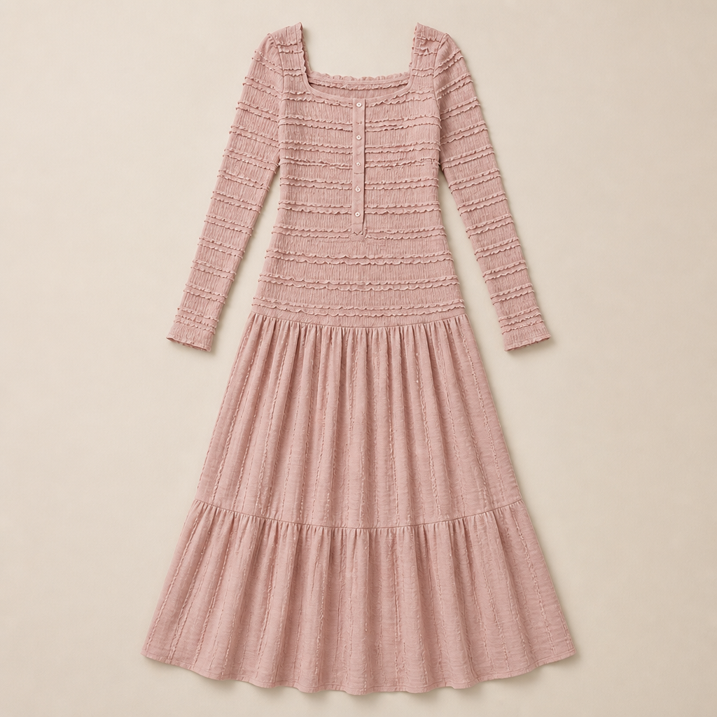 LumiRae™ – Smocked Square-Neck Tiered Maxi Dress with Ruffle Sleeves