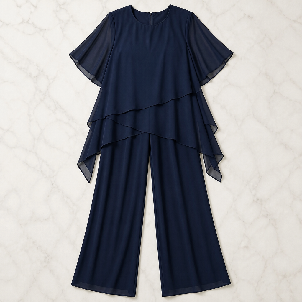 VioraEase™ – Flowy Tiered Chiffon Two-Piece Pant Set with Cape Sleeves