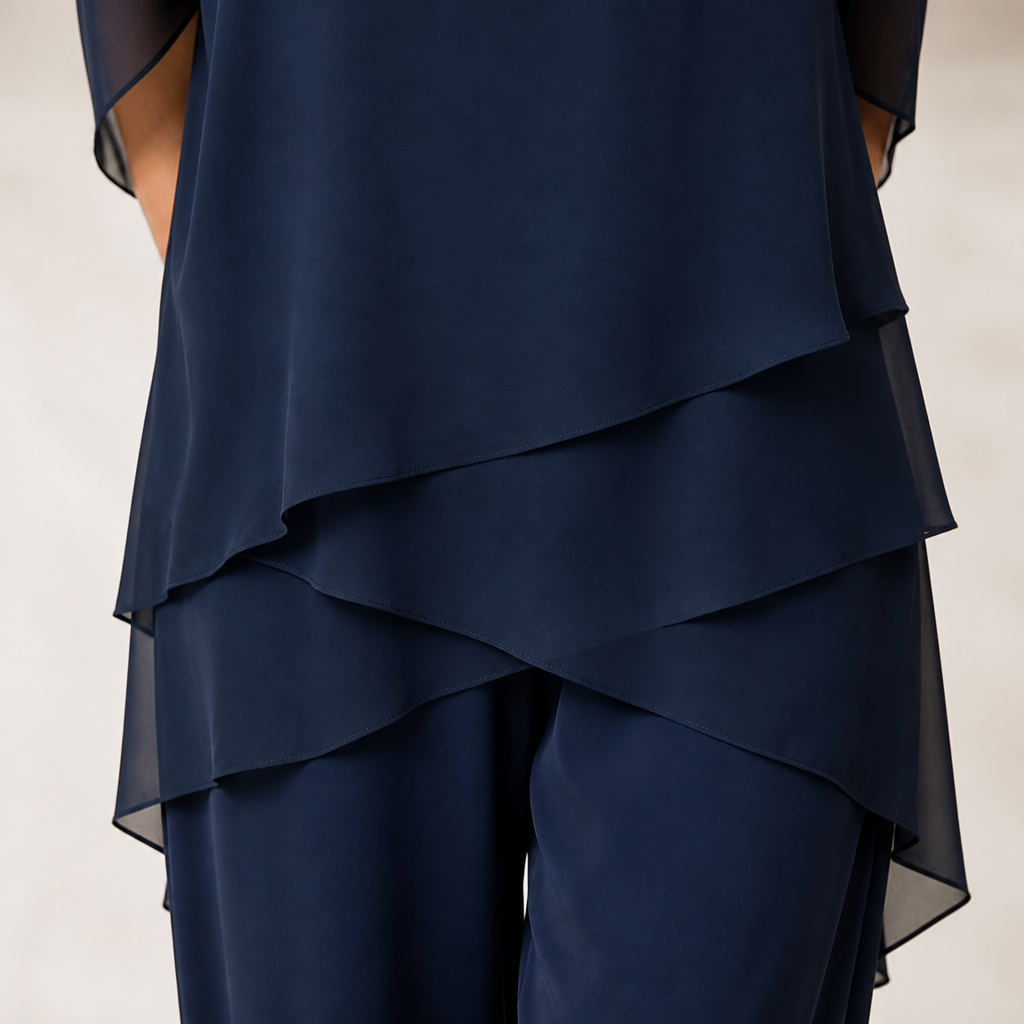 VioraEase™ – Flowy Tiered Chiffon Two-Piece Pant Set with Cape Sleeves