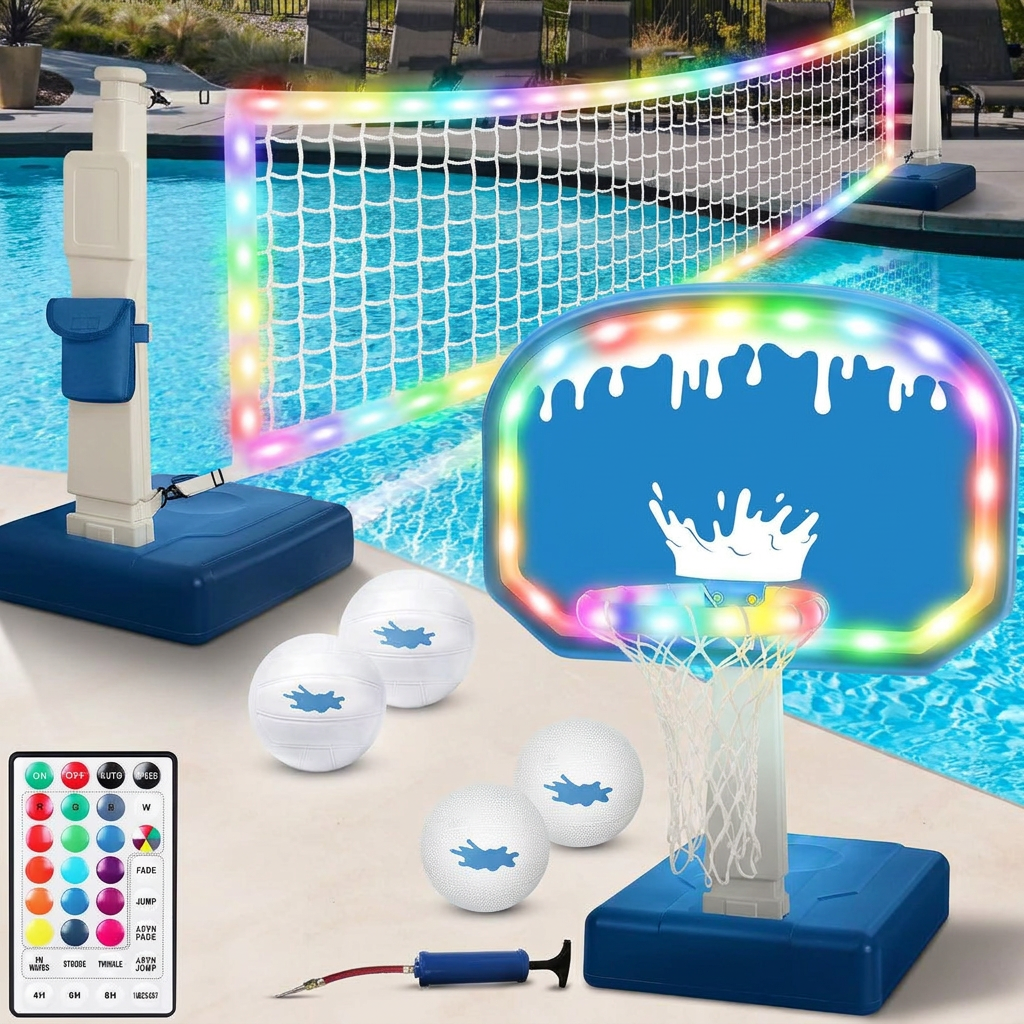 LED Pool Volleyball and Basketball Game Set – 2-in-1 with 4 Glow Balls and Remote