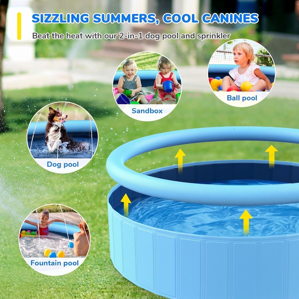 Water Play Pool for Kids and Dogs - Foldable with Non-Slip Sprinkler