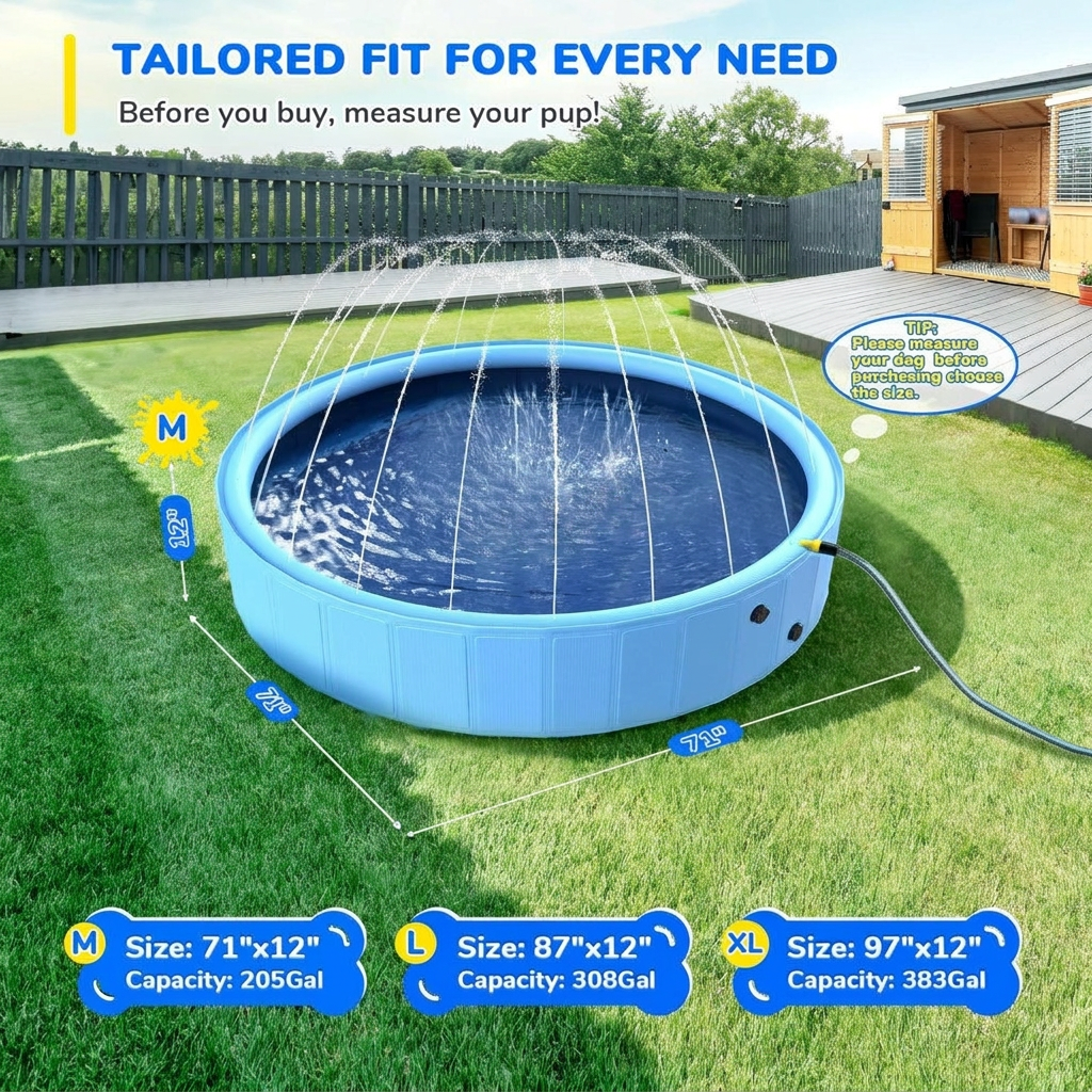 Water Play Pool for Kids and Dogs - Foldable with Non-Slip Sprinkler
