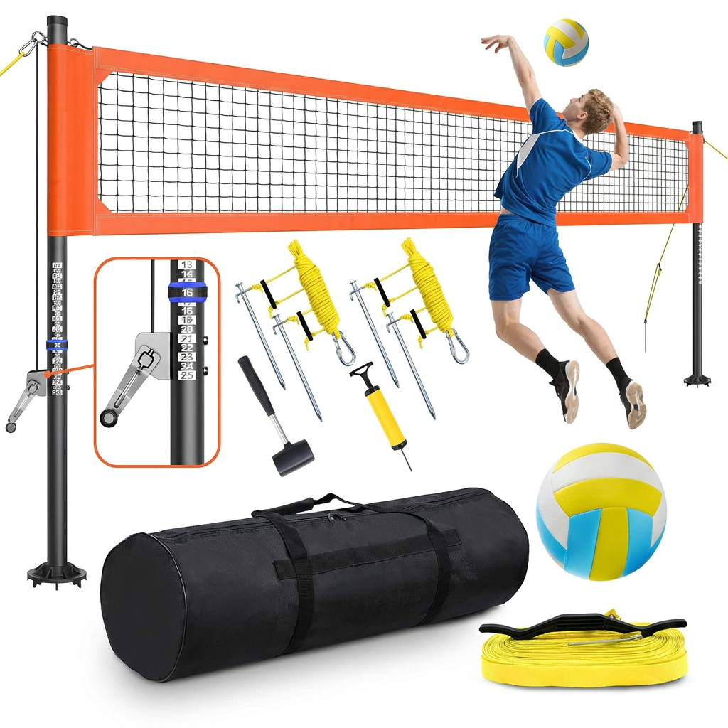 Volleyball Net Kit with Aluminum Poles and Steel Tensioner System
