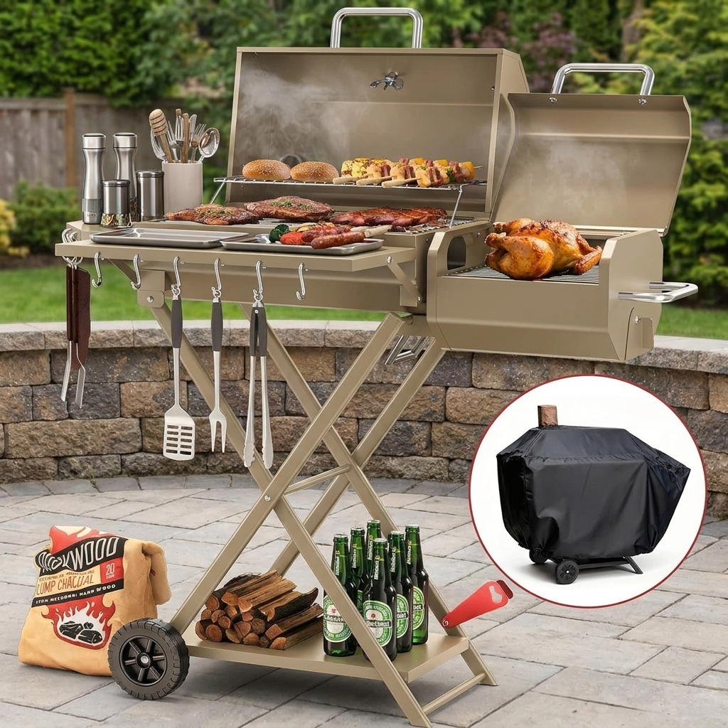 Charcoal Grill and Smoker with Chimney, Wheels, and Foldable Design