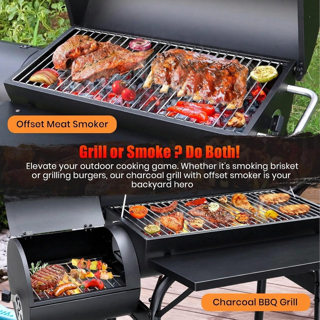 Charcoal Barrel Grill with Side Smoker Box, Built-in Thermometer & Cart