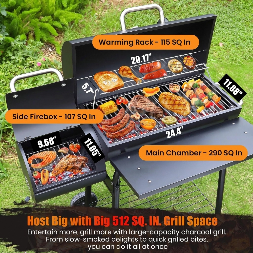 Charcoal Barrel Grill with Side Smoker Box, Built-in Thermometer & Cart