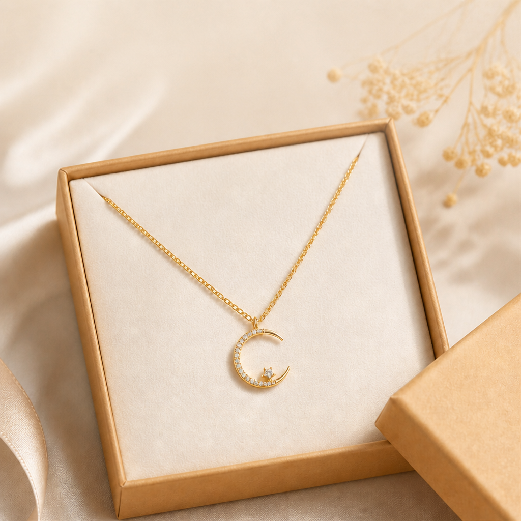 LumaLuxe™ – Dainty Pavé Crescent Moon & Star Pendant Necklace